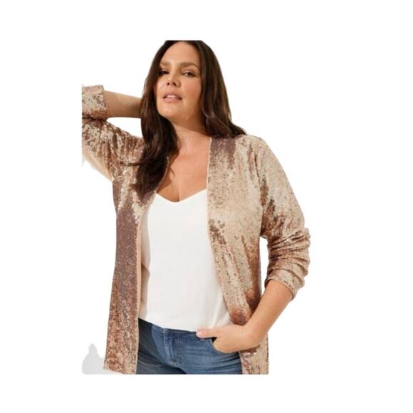Torrid Stretch Sequin Mesh Longline 3rd Piece Gold Duster Jacket Size 1X - Picture 2 of 8